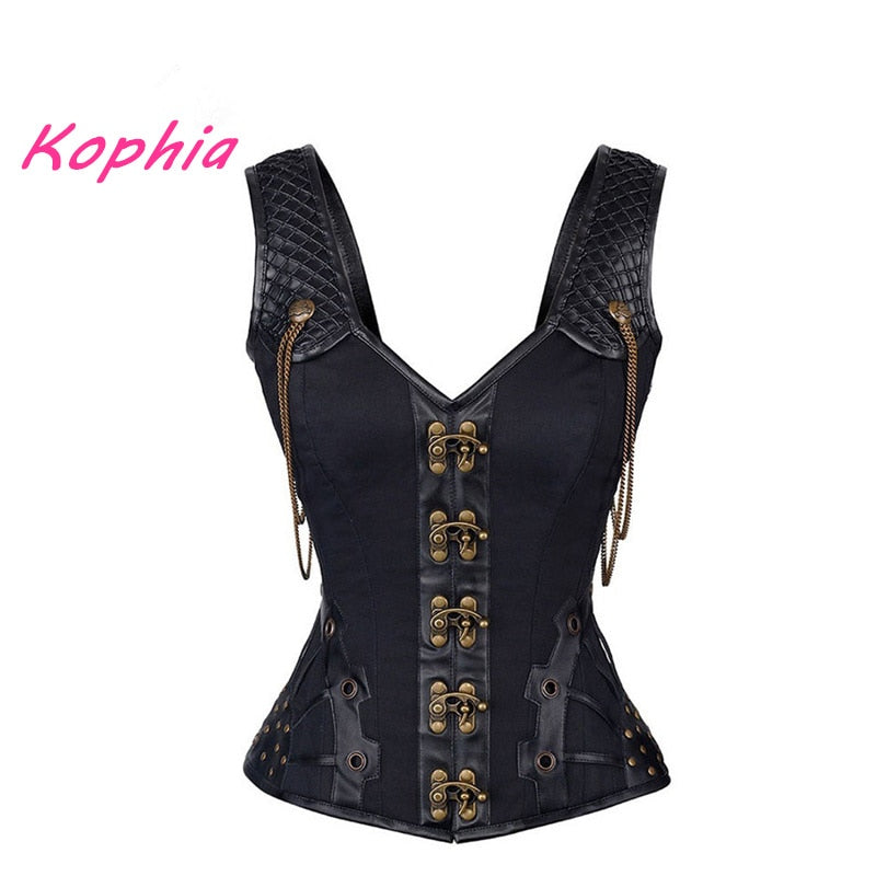 Hochwertige 12 Stahlknochennietkette Gothic Steampunk Korsett Damen Weste Top Taillenkontrolle Leder Sexy Korsetts und Bustiers