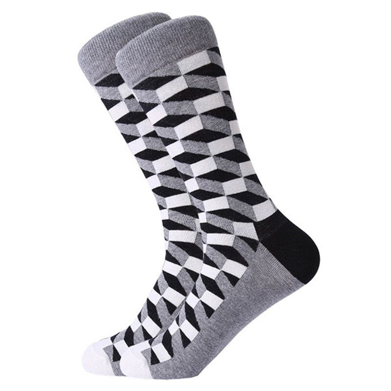MYORED mens colorful casual dress socks combed cotton striped plaid geometric lattice pattern fashion design high quality