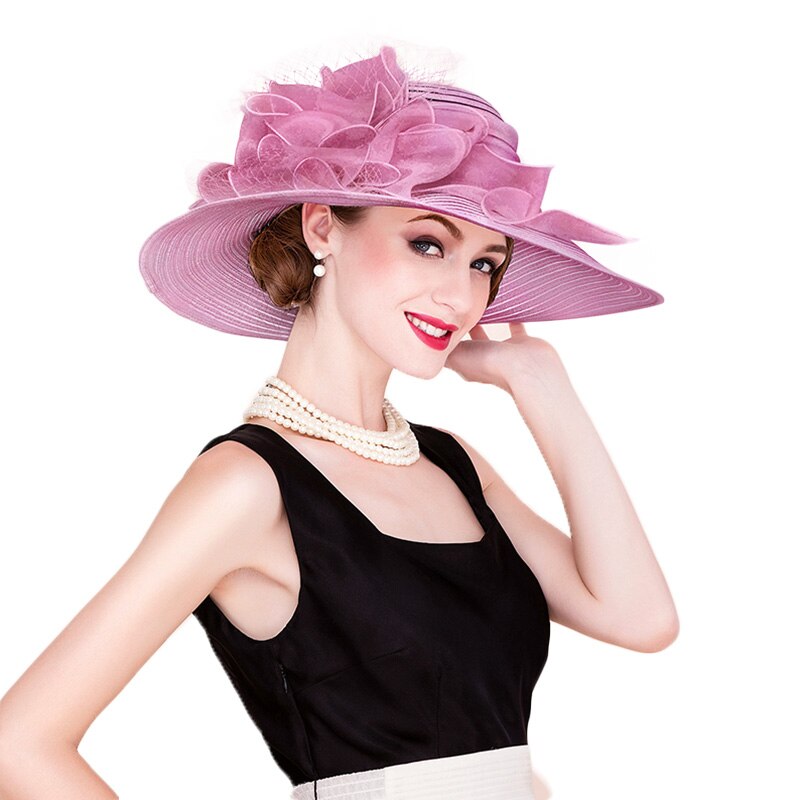 FS Black White Elegant Women Church Hats For Ladies Flowers Large Brim Organza Hat Beach Sun Kentucky Derby Hat Fedora