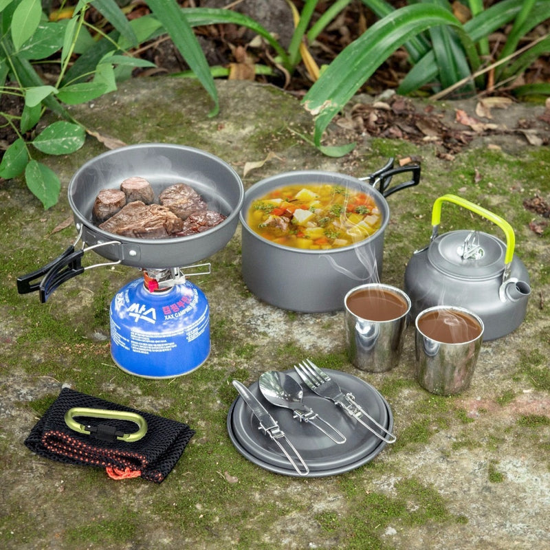 1 Set Outdoor-Töpfe Pfannen Camping-Kochgeschirr Picknick-Kochset Antihaft-Geschirr mit faltbarem Löffel, Gabel, Messer, Wasserkocher