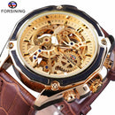 Forsining 2018 Royal Golden Skeleton Display Blue Hands Brown Genuine Leather Belt Mens Mechanical Wristwatches Clock Male