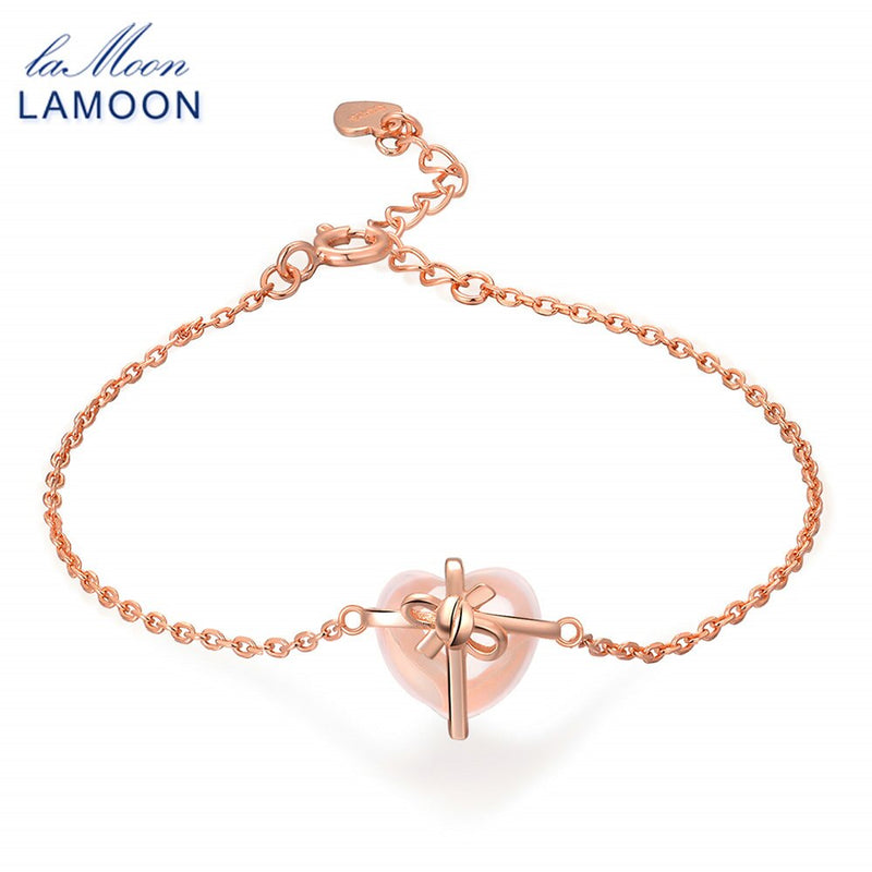 LAMOON, pulsera de plata de ley 925 para mujer, pulsera de corazón, piedra preciosa de cuarzo rosa, joyería fina chapada en oro rosa de 18 quilates LMHI047