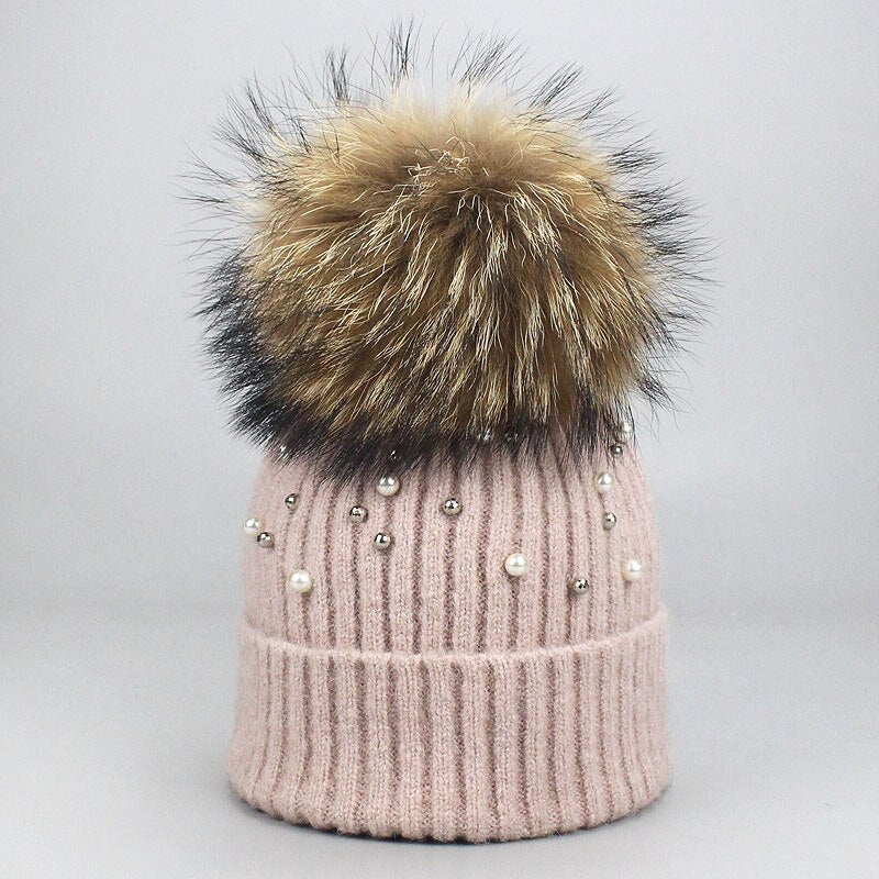 New Wool Beanies Women Real Natural Fur Pom Poms Fashion Pearl Knitted Hat Girls Female Beanie Cap Pompom Winter Hats for Women