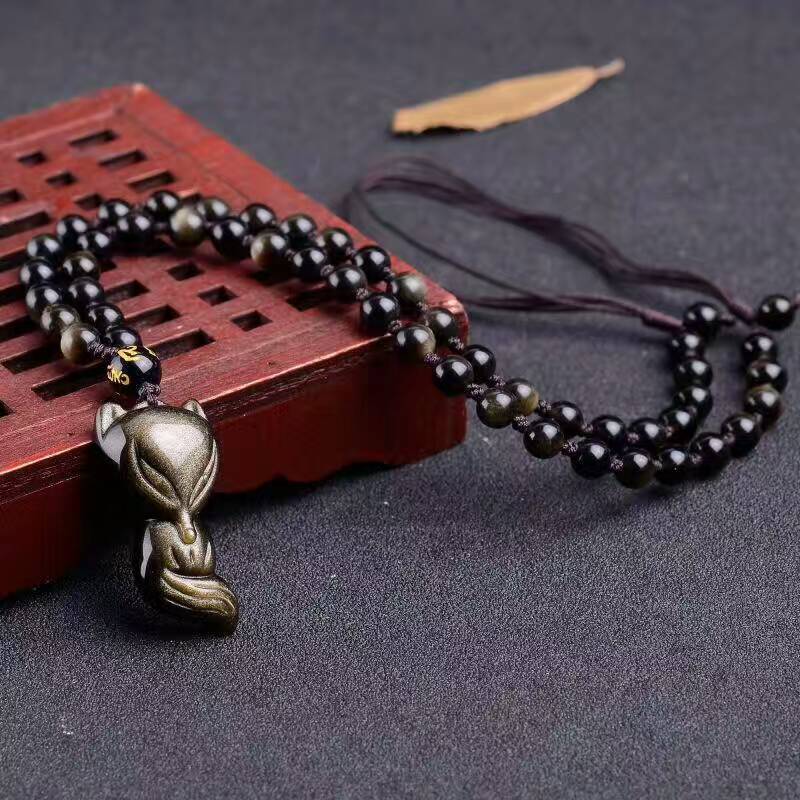 Venta al por mayor, collar de piedra de obsidiana Natural negra dorada, colgante de zorro de la suerte de nueve colas para mujeres y hombres, joyería de moda JoursNeige