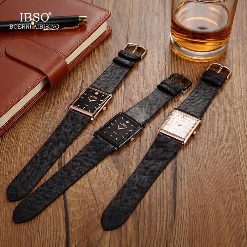 IBSO Ultra-Delgado Rectángulo Dial Hombres Relojes Correa de cuero suave Reloj de pulsera de cuarzo Reloj de negocios clásico Hombres Relogio Masculino