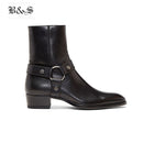 Black&amp; Street High Top Handmade Wyatt Harry Buckle Ring Strap Men Chelsea Boots Wedge Leather Denim Banquet Harness Boots