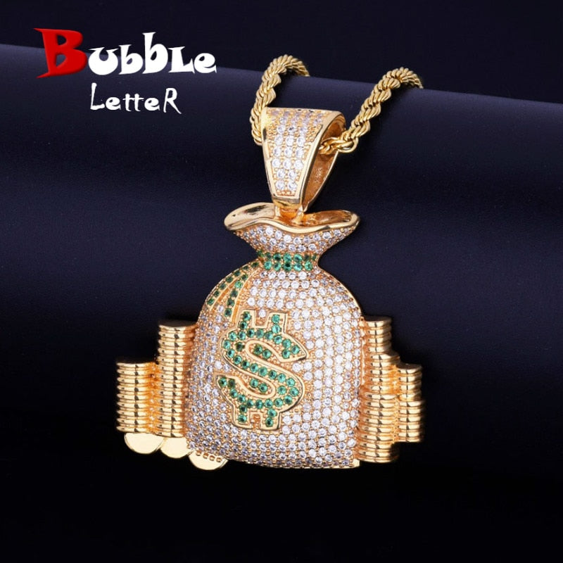 Money Bag Pendant Necklace Gold Color Cubic Zircon Men&