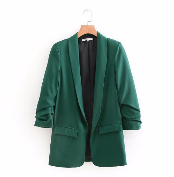 Chic Candy Solid Color Ruched Cuff Mid Long Blazer With Lining Woman Shawl Collar Slim fit Suit Casual Jacket Coat Outerwear