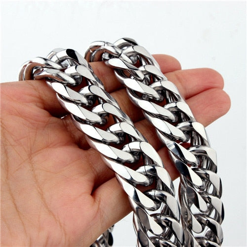 Custom Length 16/19/21mm Width Heavy Silver Color Cut Curb Cuban Chain 316L Stainless Steel Mens Necklace Or Bracelet 7&#39;&#39;-40&#39;&#39;