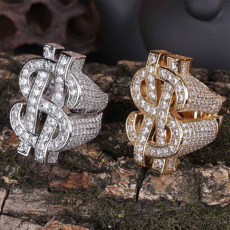 TOPGRILLZ Fashion Rock Iced Out Bling Gold Silver Color US Dollar Sign Rings AAA Cubic Zircon Hip Hop Ring for Men Jewelry