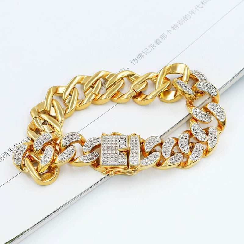 TOPGRILLZ Hip Hop Rock Jewelry Gold Color Plated Cuban Chain Micro Pave CZ Stones Bracelet 8 Inch Length Beacelets For Men