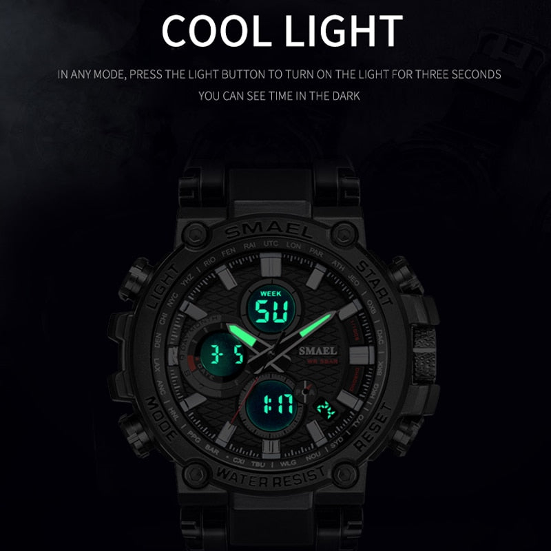 SMAEL Men Sport Watches Digital Double Time Chronograph Watch Mens LED Chronometre Week Display Wristwatches montre homme Hour