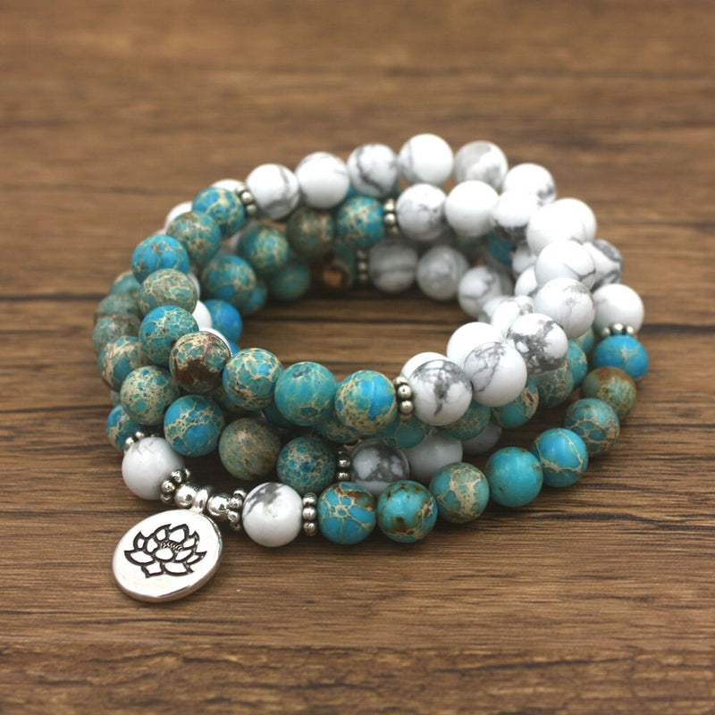 108 Beads Buddhist Mala Bracelet Howlite Natural Stone and Lotus Charm Women Bracelet Meditation Spiritual Jewelry Free Shipping