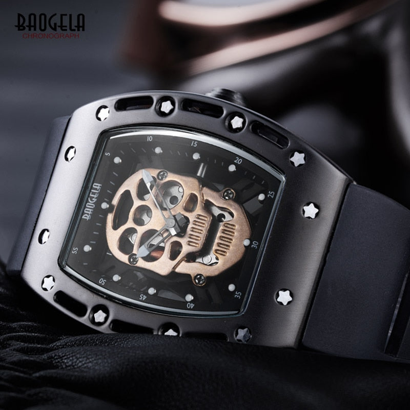 Baogela Fashion Mens Skeleton Skull Luminous Quartz Watches Military Style Black Silicone Rectangle Dial Armbanduhr für Man1612