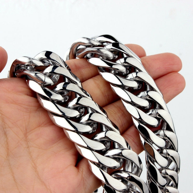 Custom Length 16/19/21mm Width Heavy Silver Color Cut Curb Cuban Chain 316L Stainless Steel Mens Necklace Or Bracelet 7&#39;&#39;-40&#39;&#39;