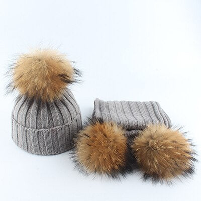 Gorro con pompón de piel auténtica para niños, gorro de punto cálido y bufanda, gorro de invierno para niños y niñas