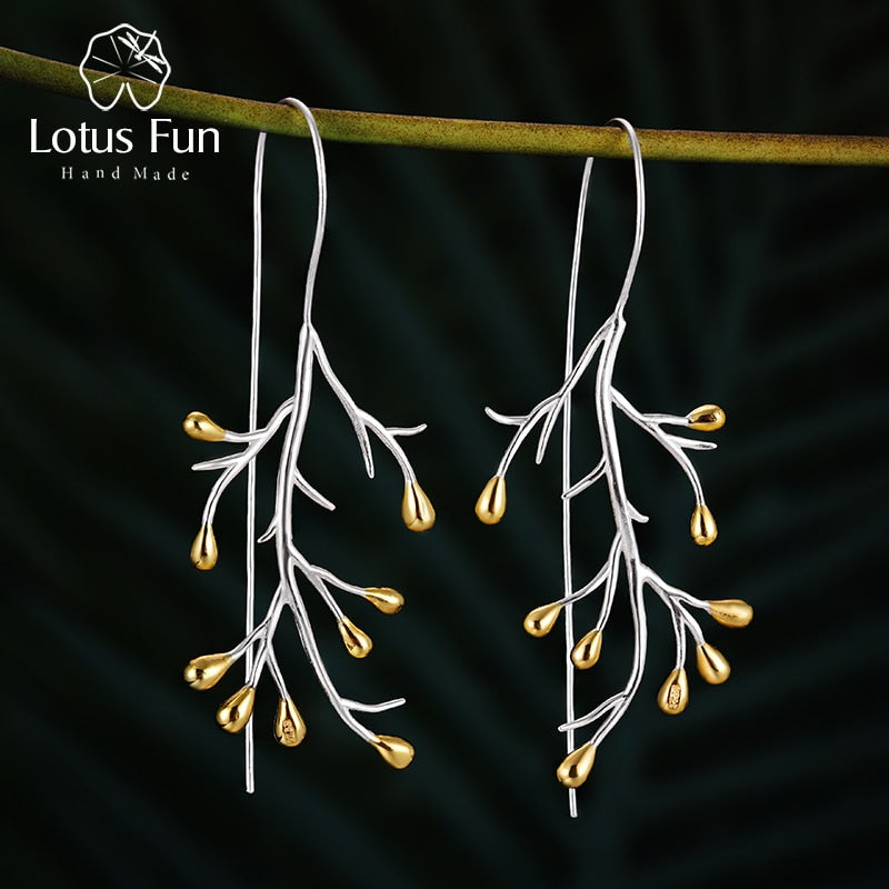 Lotus Fun Real 925 Sterling Silver Earrings Natural Creative Fine Jewelry Statement Tree Fashion Drop Earrings for Women Brincos