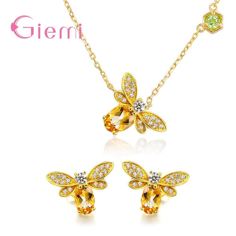 Women Animal Bee Cubic Zirconia 925 Sterling Silver Wedding Jewelry Sets Earrings Pendant Necklace Rings Earrings Bracelets