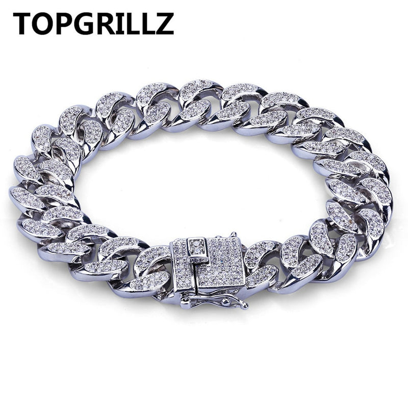 TOPGRILLZ Hip Hop Rock Jewelry Gold Color Plated Cuban Chain Micro Pave CZ Stones Bracelet 8 Inch Length Beacelets For Men