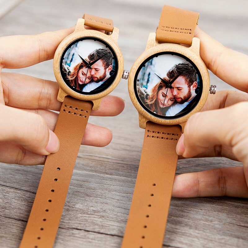 Relojes fotográficos personalizados creativos para hombres y mujeres, reloj de madera de bambú personalizado con impresión UV para pareja, novio, aniversario