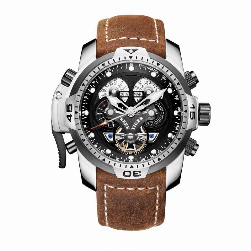 Reef Tiger/RT Sport Watch with Perpetual Calendar Date Day Steel Case Black Leather Strap Mechanical Men's Watches RGA3503