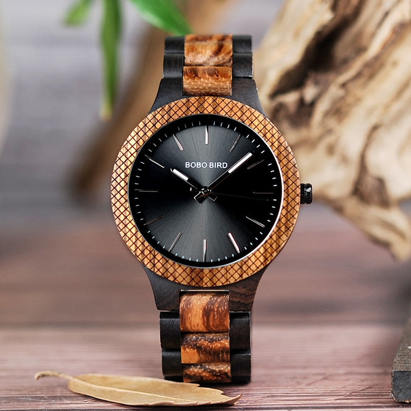 BOBO BIRD D30-1 Relojes de madera de ébano y madera de cebra de dos tonos Reloj de pulsera de cuarzo con manecillas luminosas para hombres en caja de regalo de madera