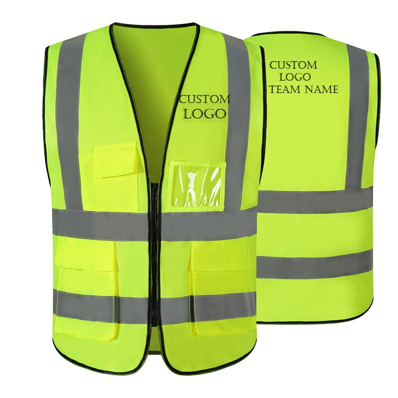 Custom LOGO Reflective Safety Vest Bright Neon Color with 2 Inch Reflective Strips - Orange Trim - Zipper Front Medium Free Size