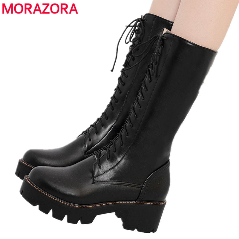 MORAZORA 2022 new women's mid calf boots lace up platform boots round toe autumn winter botas ladies shoes size 34-43