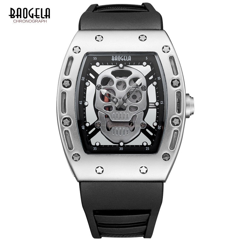 Baogela Fashion Mens Skeleton Skull Luminous Quartz Watches Military Style Black Silicone Rectangle Dial Wristwatch for Man1612