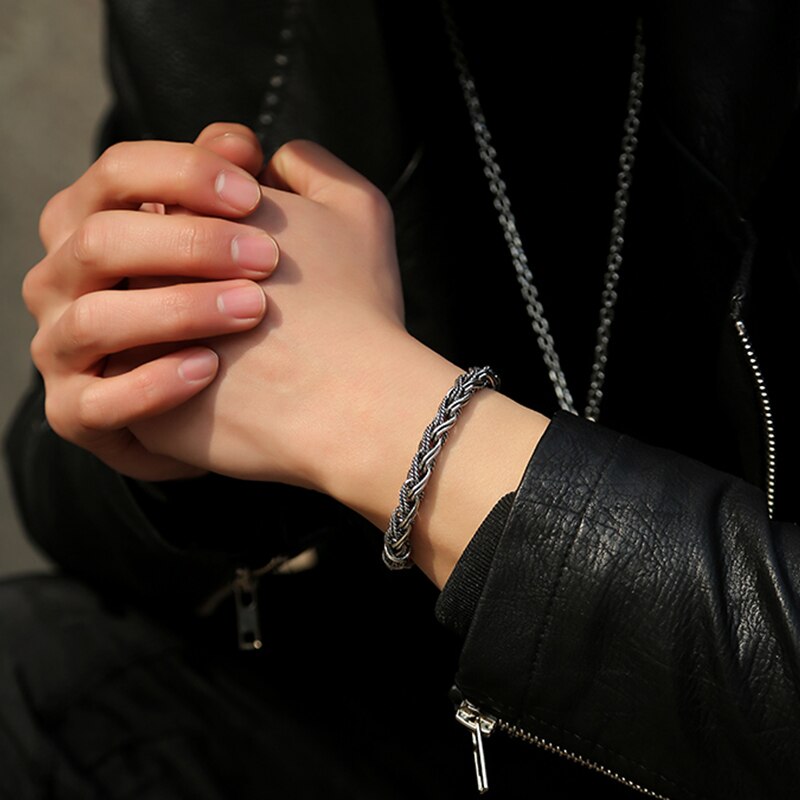 925 Silver Rope Twisted Bracelet for Punk Fashion Male Thai Vintage 100% Sterling Silver Bracelet Bangle Men's Handmade Jewelry