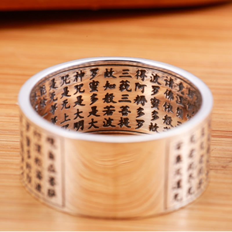 Anillo ZABRA de plata auténtica 999 con forma de corazón Sutra para hombre, anillos anchos grandes, letras chinas de Buda, joyería Vintage grabada transparente para hombre