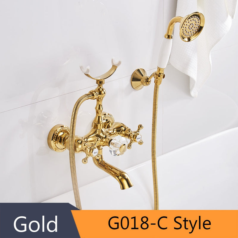 Grifos de bañera Grifo de baño de latón dorado de lujo Grifo mezclador Montado en la pared Kit de cabezal de ducha de mano Juegos de grifos de ducha HS-G018