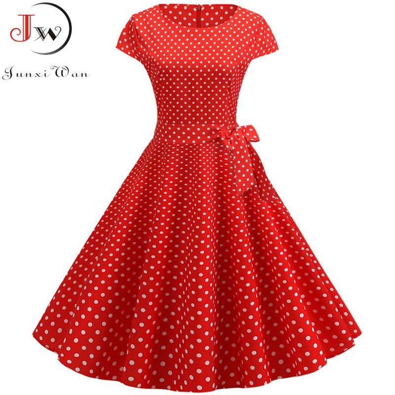 Women Summer Dresses Robe Vintage 1950s 60s Pin Up Big Swing Party Work Wear Rockabilly Dress White Polka Dot Vestidos