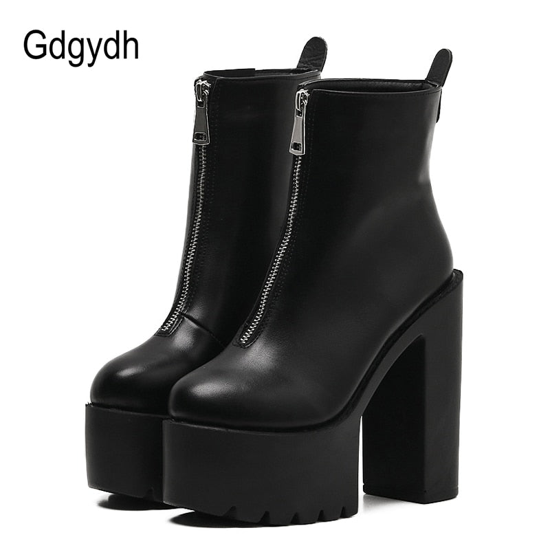 Gdgydh 2022 Fashion Autumn Women Ankle Boots Leather Black Female High Heels Shoes Ultra High Platform Heels Round Toe Lady Shoe