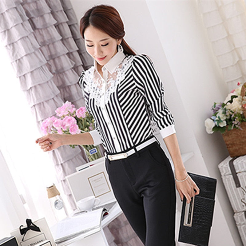 New Women Lace Spliced Embroidery OL Blouses Tops Feminine Slim Shirt Korean Fashion Stripe Tops 4XL