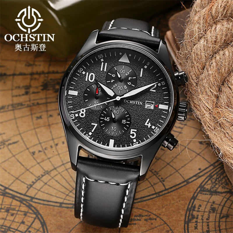 Pilot Mens Chronograph Wrist Watch Waterproof Auto Date Black Top Luxury Brand Leather Males Quartz Clock Frosted Dial NEW