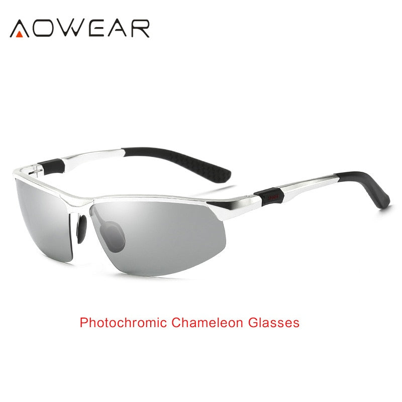 AOWEAR Photochrome Sonnenbrille Herren Polarisierte Tag-Nacht-Fahrbrille Hochwertige randlose Chamäleon-Brille aus Aluminium Gafas