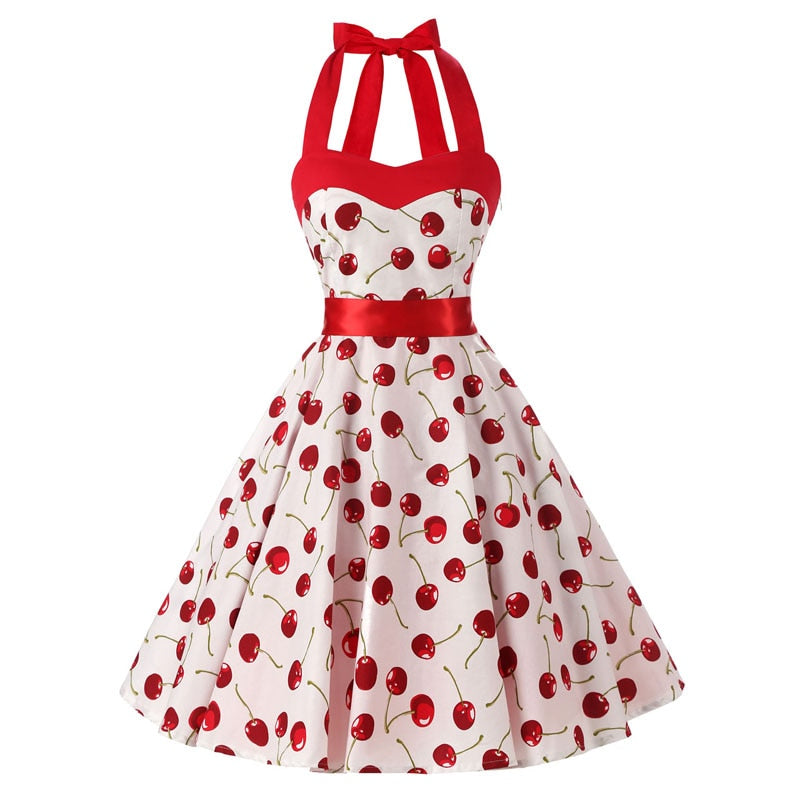 Women Red Cherry Party Dress Vintage 50s Rockabilly Hepburn Dress 2023 Elegant Summer Strapless Swing Retro Halter Pin up Dress