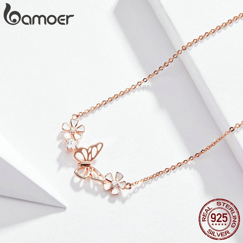 BAMOER 925 Sterling Silver Butterfly and Flower Necklace Enamel Floral Short Choker Necklace Silver Korean Style Jewelry BSN053