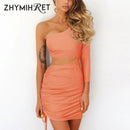 ZHYMIHRET  Fashion Fall One Shoulder Dress Women 2022 Sexy Ruched Waist Hollow Out Dresses Long Sleeve Vestido De Festa Longo