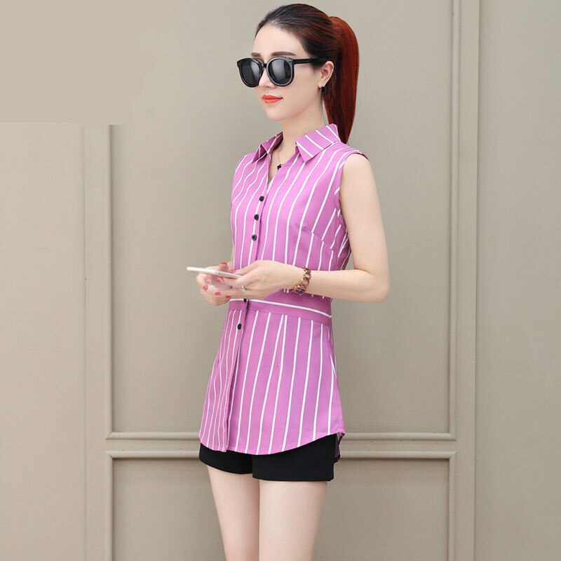 Women Spring Summer Long Style Chiffon Blouses Shirts Lady Casual Sleeveless Striped Turn-down Collar Blusas Tops DF1927