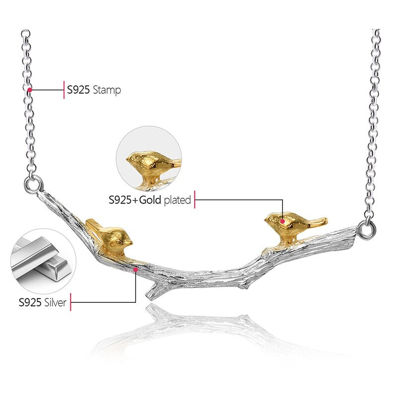 Lotus Fun Echt 925 Sterling Silber Natürlicher Original Handgemachter Feiner Schmuck 18 Karat Gold Vogel auf Zweig Halskette für Frauen Geschenk Bijoux