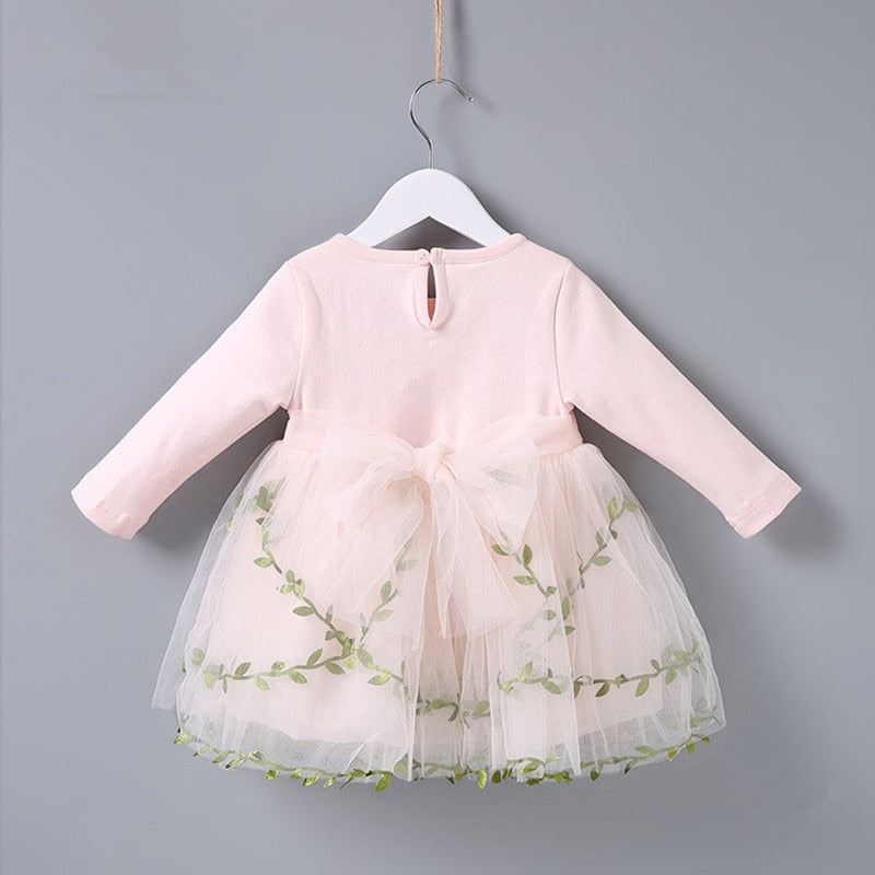 Spring Baptism princess birthday party flowers grass embroidery baby girls dress children clothes ball gown pink beige 0-2T