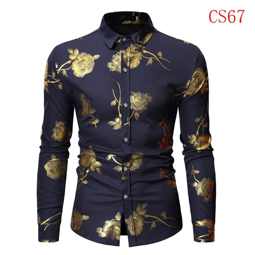 Herren Gold Rose Blumendruck Hemden Marke Floral Steampunk Chemise Weiß Langarm Hochzeit Party Bronzing Camisa Masculina