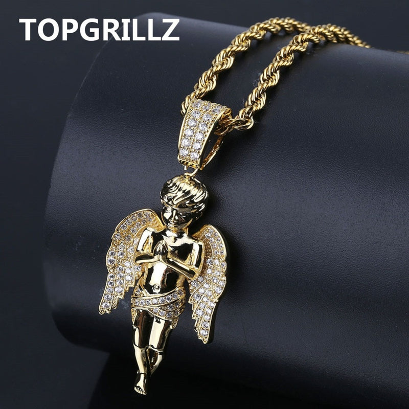 TOPGRILLZ HipHop Men Women Necklace Gold Color Plated Iced Out Micro Pave CZ Stone Angel Pendant Necklaces Love&