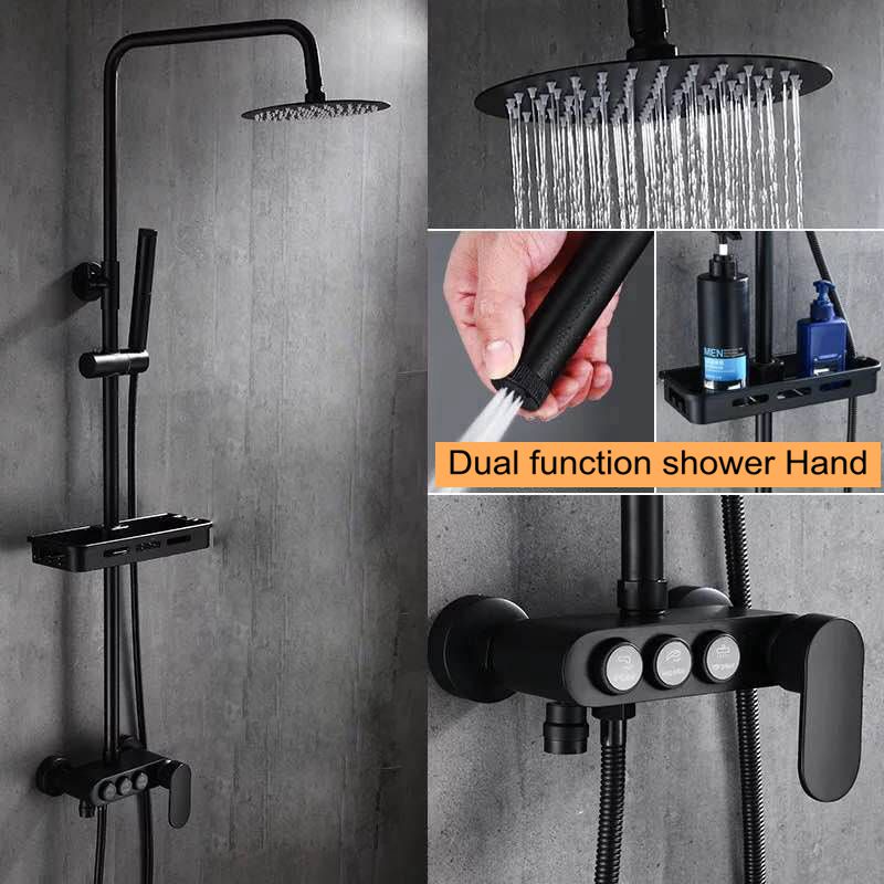 Black Rainfall Shower Faucets Set Wall Mounted Rain Shower Faucet Storage Bath Mixer Tap Hot Cold with Hand Shower EL3903