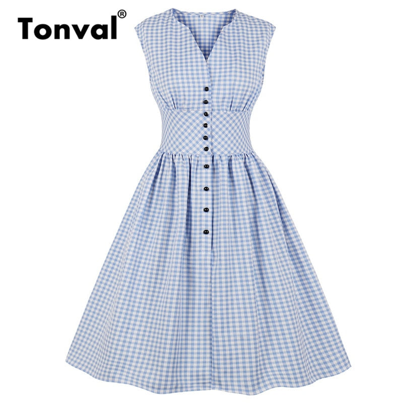 Tonval Gingham Print Single Breasted Blue Summer Dress High Waist Vintage Women Clothes Tunic Pleated Plaid Casual Dresses