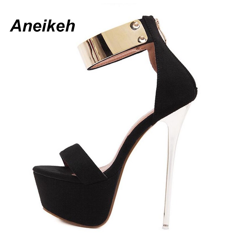 Aneikeh Ankle Strap Heels Plateau Sandalen Party Schuhe für Damen Hochzeit Pumps 16cm High Heels Pailletten Gladiator Sandalen Schwarz