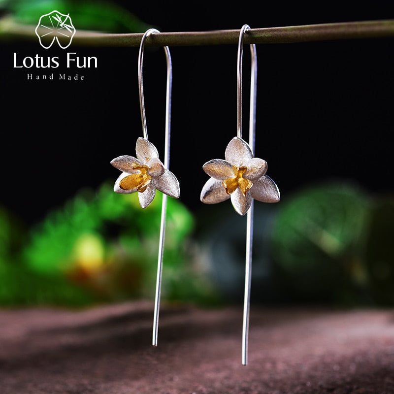 Lotus Fun Echt 925 Sterling Silber Natürlicher Original Handgemachter Feiner Schmuck Süße Blühende Blume Mode Tropfen Ohrringe für Frauen