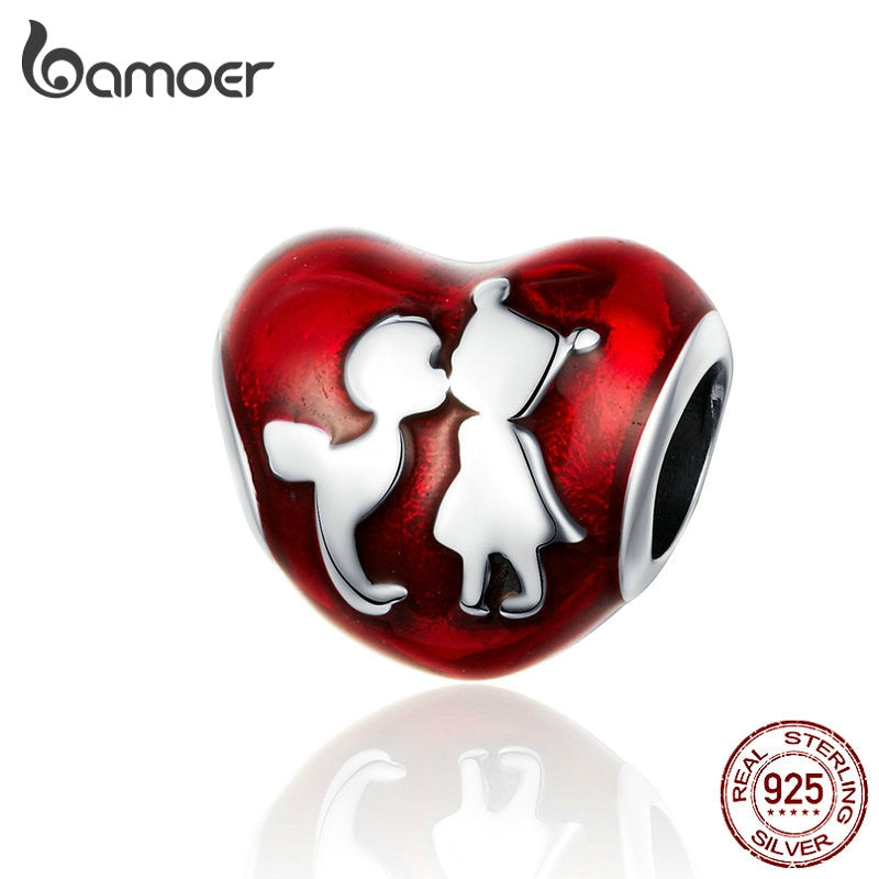 BAMOER New Arrival 100% 925 Sterling Silver Love Heart ECG &amp; Red Enamel Beads fit Charm Bracelets for Women Jewelry Gift SCC249